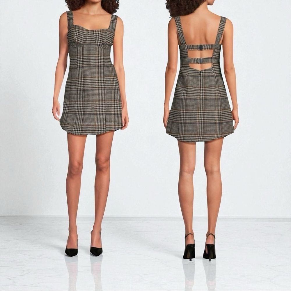 Wool Blend Knit Glen Plaid Sweetheart NeckTank Strap Buster Mini Dress